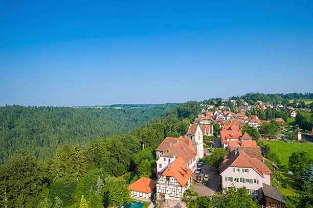 Panoramic view toward the Zavelstein village. Bad Teinach-Zavelstein, Black Forest, Baden-Wurttemberg, Germany, Europe