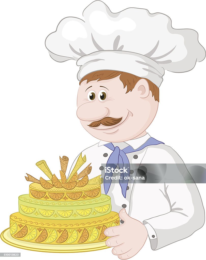 Cartoon cook with holiday cake Cartoon cook chef with sweet holiday cake isolated on white background. Vector Adult stock vector