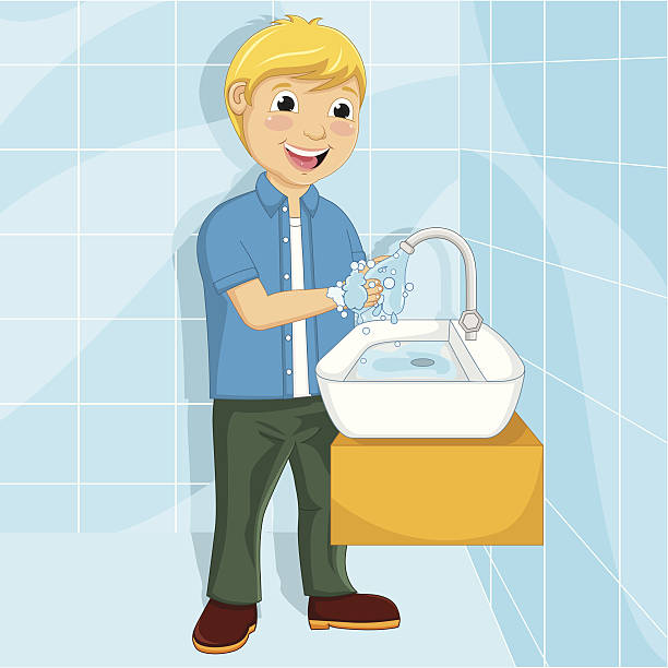 ilustrações, clipart, desenhos animados e ícones de ilustração em vetor de um menino lavando as mãos - house home interior small human hand
