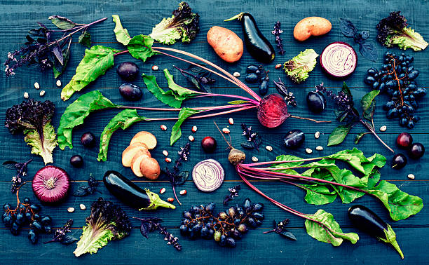 Purple fruit and vegetables stock photo