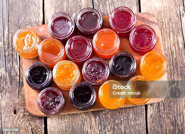 Various Jars Of Fruit Jam Stock Photo - Download Image Now - Berry Fruit, Blueberry, Cherry