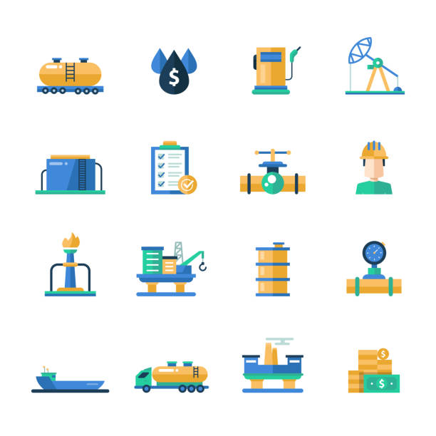 ilustraciones, imágenes clip art, dibujos animados e iconos de stock de industria de petróleo y gas modernos iconos y pictogramas de diseño plano - petrolium tanker