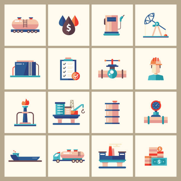 ilustraciones, imágenes clip art, dibujos animados e iconos de stock de industria de petróleo y gas modernos iconos y pictogramas de diseño plano - petrolium tanker