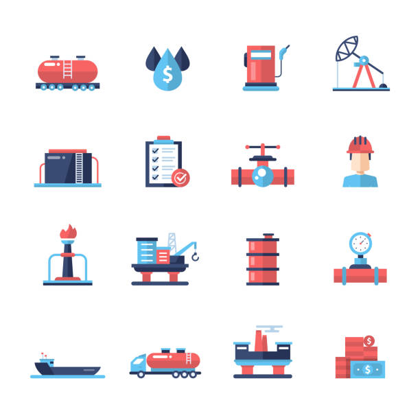 ilustraciones, imágenes clip art, dibujos animados e iconos de stock de industria de petróleo y gas modernos iconos y pictogramas de diseño plano - petrolium tanker