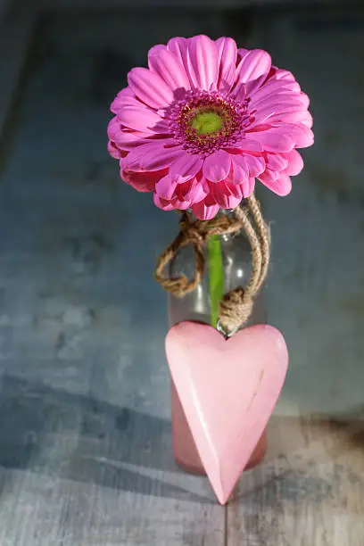 Still life with gerbera and a pink heart in a glass vase on a wooden table