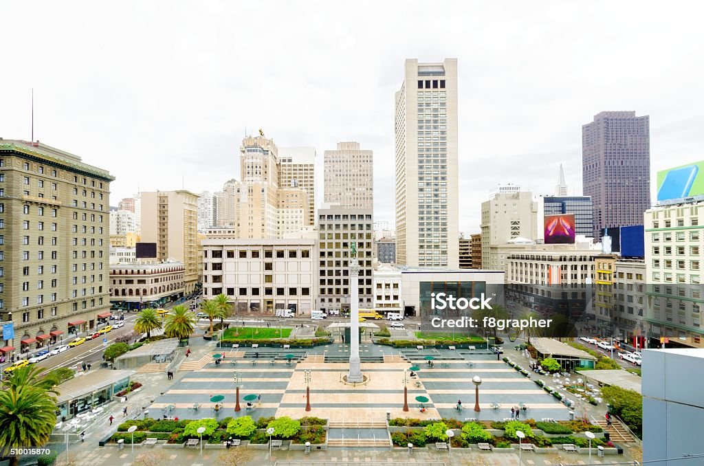 Union Square, San Francisco, California A day view of the Union Square in downtown San Francisco, California, United States. A landmark of the area with a column of a statue of Victory holding a trident on top in the heart of the city center. San Francisco - California Stock Photo