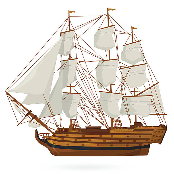 ilustrações, clipart, desenhos animados e ícones de histórico de vela de barco em branco. treinamento corveta galeão marinheiros navio. - mizzen