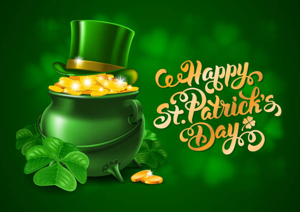 ilustrações, clipart, desenhos animados e ícones de saudação de dia saint patricks projeto - pot of gold