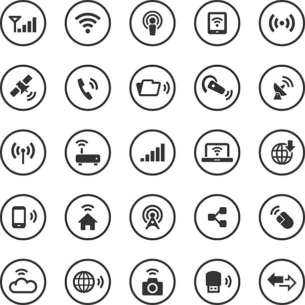 ilustraciones, imágenes clip art, dibujos animados e iconos de stock de círculo conjunto de iconos de la tecnología inalámbrica - bluetooth wlan symbol computer icon