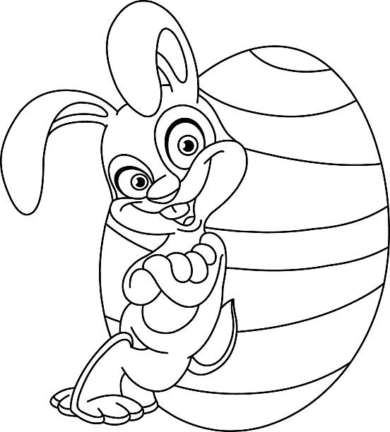 Outlined bunny with easter egg Outlined happy bunny leaned against a big Easter egg. Vector illustration coloring page. bunny rabbit coloring pages pictures stock illustrations