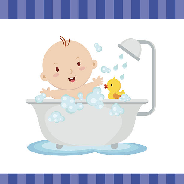 illustrations, cliparts, dessins animés et icônes de heureux petit garçon dans la salle de bains - baby vector bathtub child