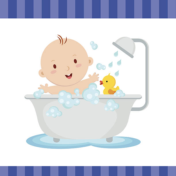 illustrazioni stock, clip art, cartoni animati e icone di tendenza di bambino felice ragazzo bagno - baby vector bathtub child