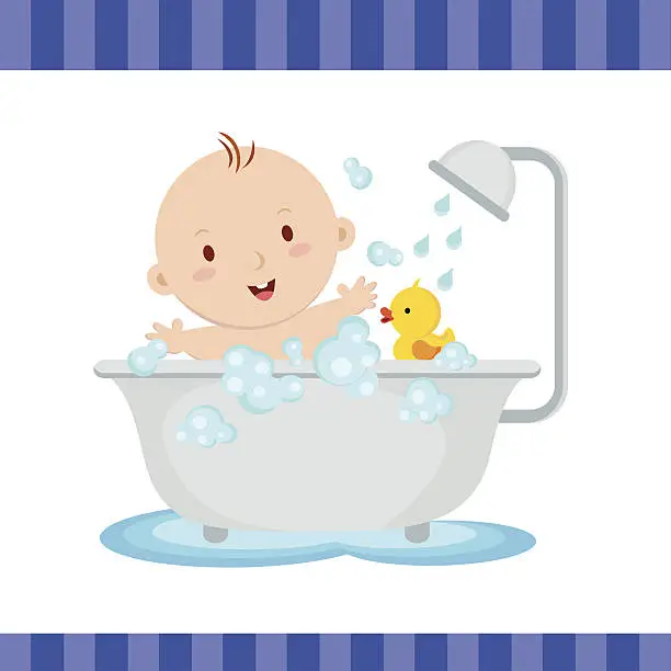Vector illustration of Happy baby boy bath