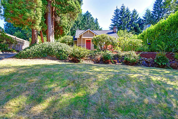 istock House with red entrance door. Front yard landscape view 510040505