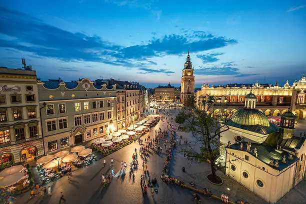 A view of the market square in Krakow at sunset
