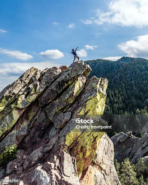 Climber Posing On Top Of Mountain Stock Photo - Download Image Now - Boulder - Colorado, Colorado, Boulder - Rock