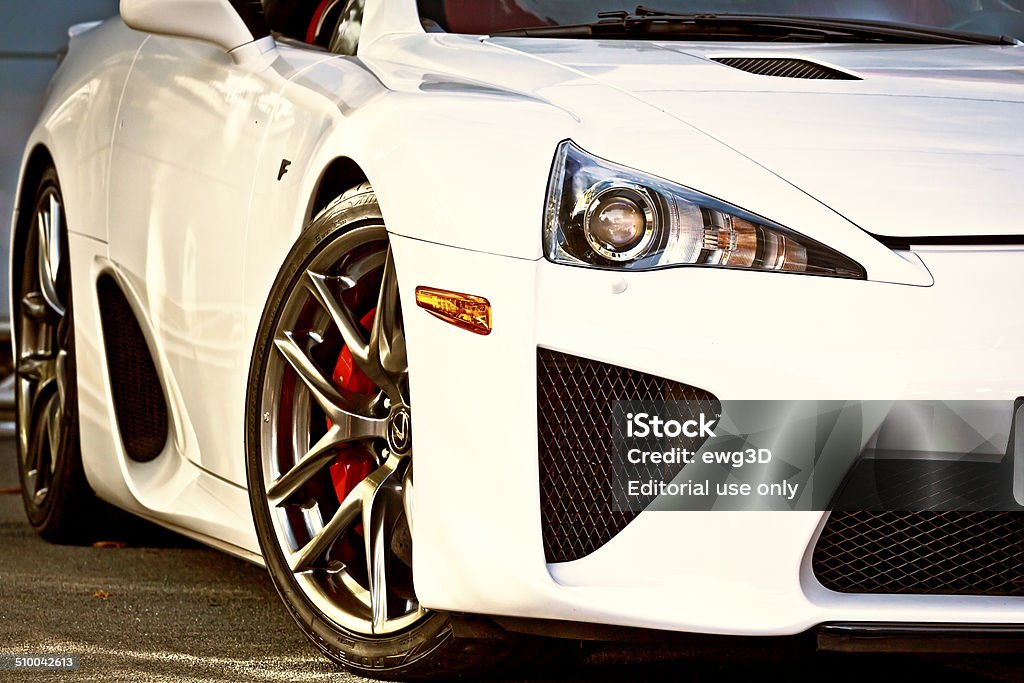 The Lexus LFA sport car Szczecin, Poland - September 21, 2012: Close up of the headlight and wheel of new Lexus LFA sport car at the parking lot in the Szczecin city center, Poland. The Lexus LFA is a two-seat supercar. The LFA went into production in late 2010, with a projected run of 500 vehicles at the base price of US$375,000. Lexus Stock Photo