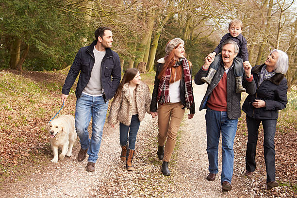 multi generation familie auf land zu fuß zu erreichen - multi generation family stock-fotos und bilder