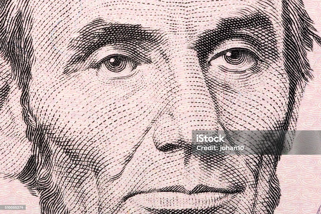 Abraham Lincoln a close-up portrait Abraham Lincoln a close-up portrait on US five dollars Abraham Lincoln Stock Photo