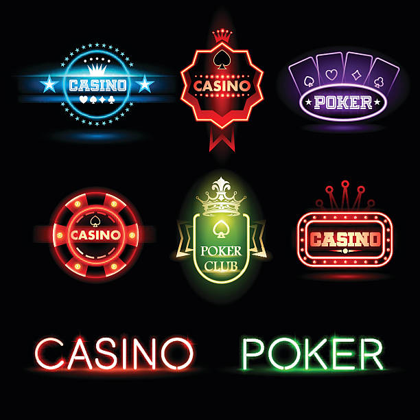 неоновый покер и казино эмблемами - casino roulette gambling casino worker stock illustrations