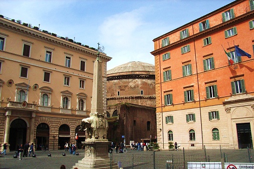 Rome, Lazio, Italy - March 30, 2010: the obelisk of Minerva, the Senate library and view of the Pantheon