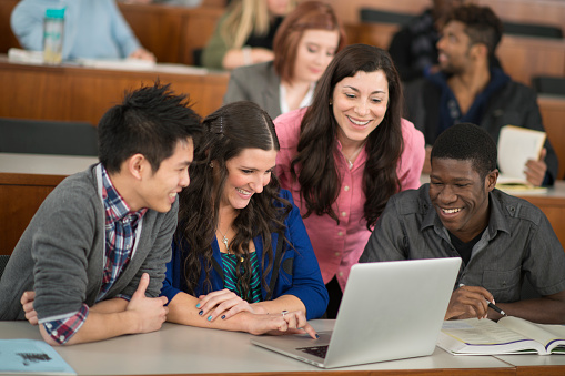 A multi-ethnic group of college age students are working on an assignment in a lecture hall on a laptop computer.