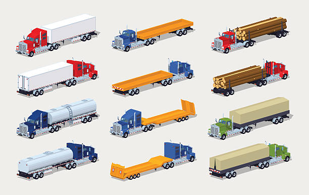 ilustraciones, imágenes clip art, dibujos animados e iconos de stock de colección de camiones pesados con semiremolques - isometric truck traffic semi truck