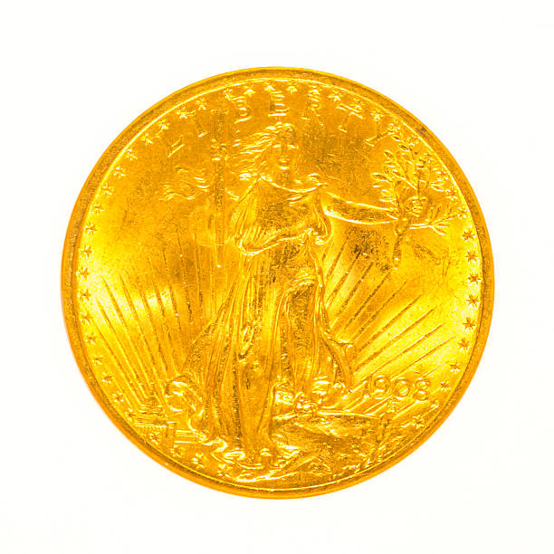 Gold St Gaudens Coin Isolated St Gaudens twenty dollar coin isolated on white background. money shortage stock pictures, royalty-free photos & images