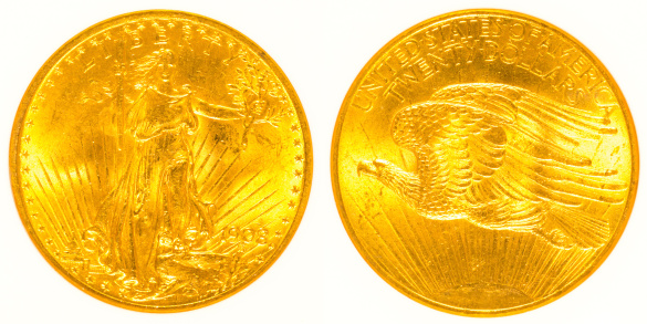 Front and back of a St Gaudens gold twenty dollar coin.