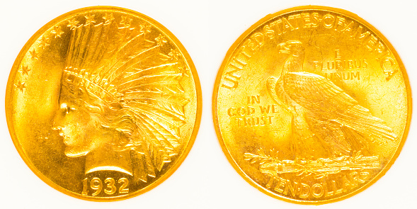 Indian head gold coin front and back detail.