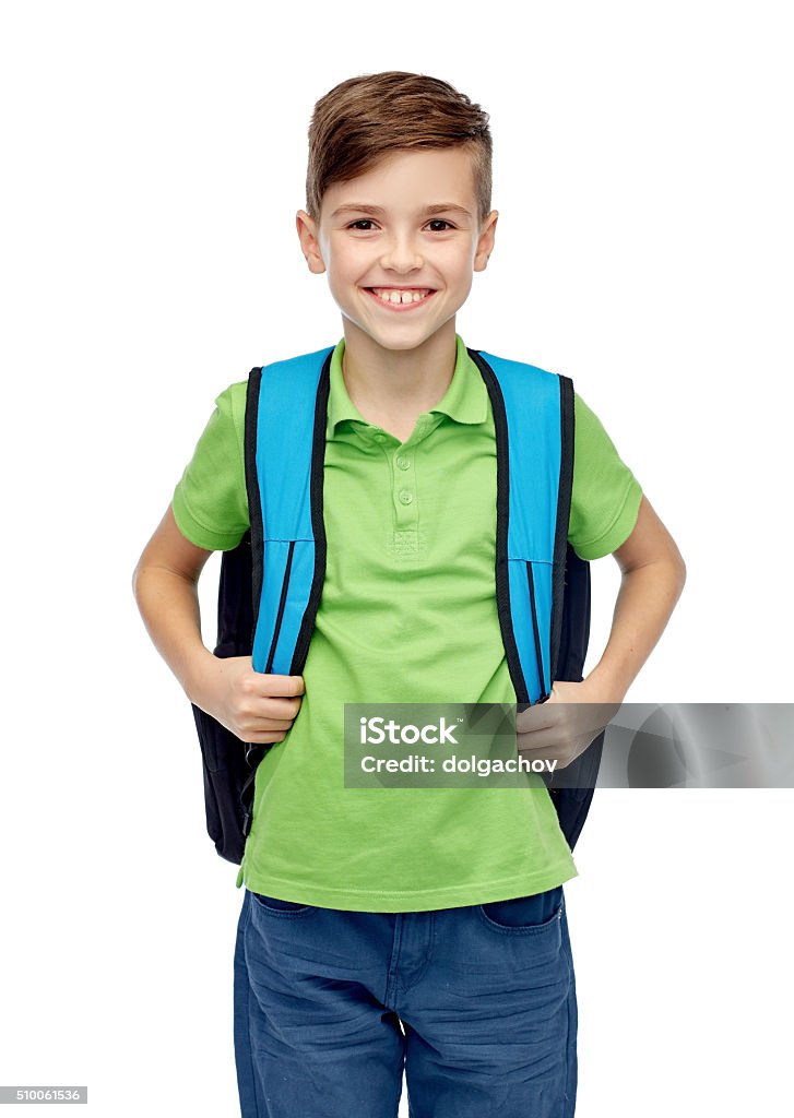 happy student boy with school bag childhood, school, education and people concept - happy smiling student boy with school bag 12-13 Years Stock Photo