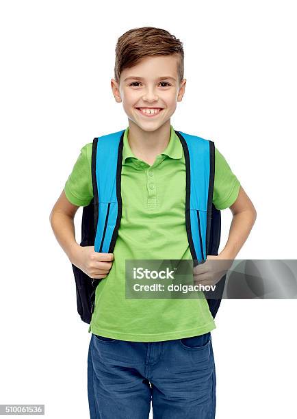 Happy Student Boy With School Bag Stock Photo - Download Image Now - 12-13 Years, Cut Out, Boys