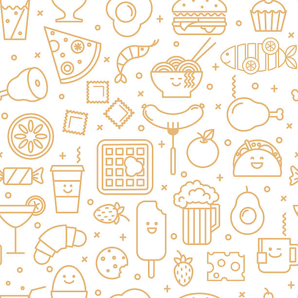 illustrations, cliparts, dessins animés et icônes de motif sans couture avec des icônes de nourriture - biscuit sausage sandwich breakfast