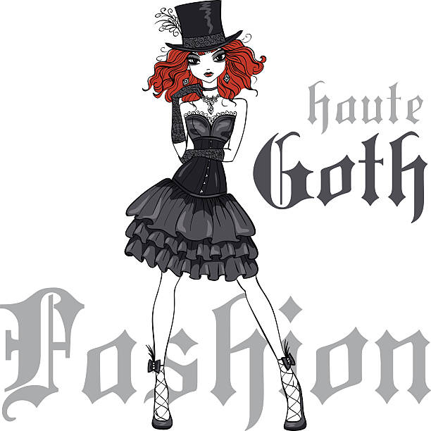 ilustraciones, imágenes clip art, dibujos animados e iconos de stock de vector de gótico chica en vestido negro y sombrero de seda - femme fatale