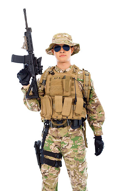 istock soldier with rifle or sniper  over  white background 510063037