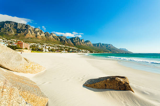 Beach and Twelve Apostles mountain in Camps Bay, Cape Town stock photo