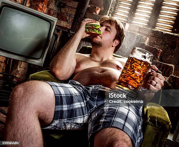 Fat Man Eating Hamburger Stock Photo - Download Image Now - Poverty, Adult, Adults Only