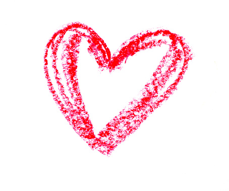 Simple heart drawn with a red crayon on white paper.