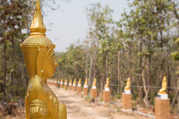 golden asian angel statue beside the walkway in forest