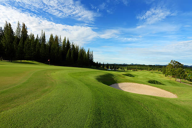 Sand bunker on golf course Golf course with sand bunker and good green in a nice day green golf course stock pictures, royalty-free photos & images