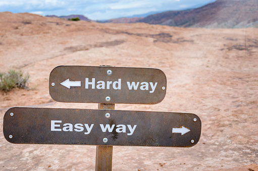 Conceptual directional Signs in a desert landscape. Choice between easy way or hard way. Business concept.