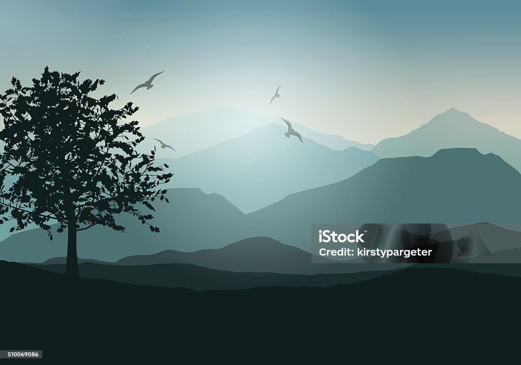 Tree landscape Landscape background with trees and birds Sunset stock vector