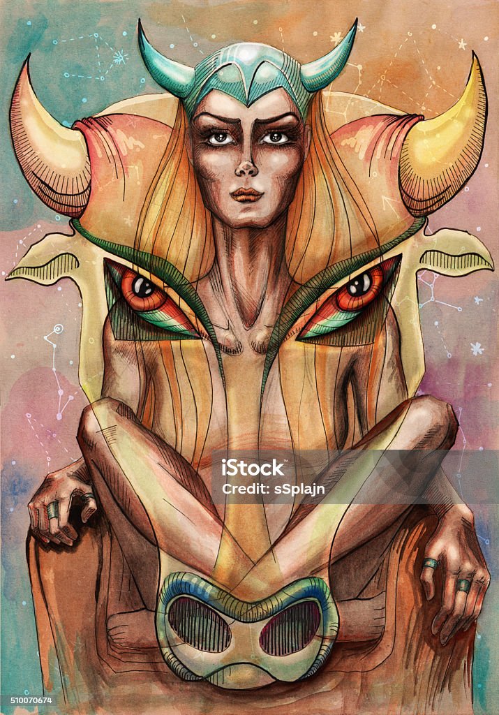 Woman warrior Portrait of a woman warrior sitting in lotus position with her helmet on. Bull's head in background. Hand drawn illustration digitally colored. Conceptual illustration Viking stock illustration