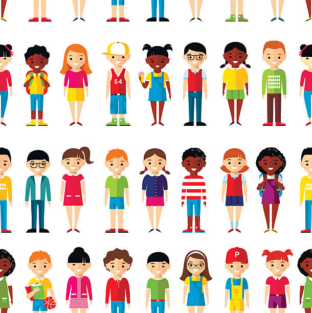 illustrations, cliparts, dessins animés et icônes de ensemble de fond sans couture de international enfants. - group of people child teenager multi ethnic group