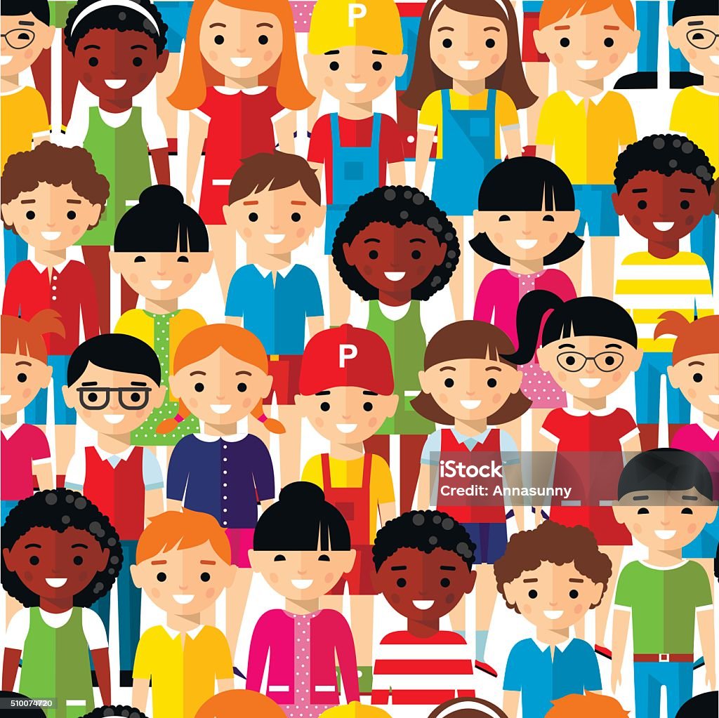 Seamless background of international set children. Seamless background with multicultural boys and girls in colorful style. Child stock vector