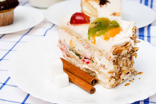 istock piece of fruit cake on white plate 510075448