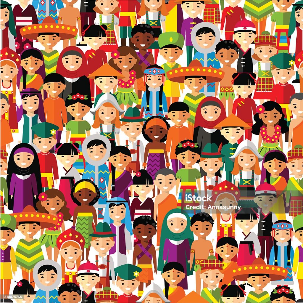 Seamless background with set of multicultural national children. Seamless background of international people in traditional costumes . Cultures stock vector