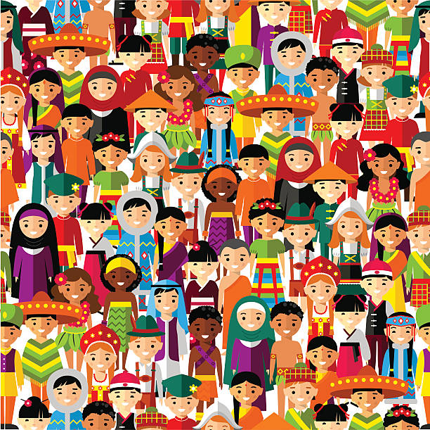 Seamless background with set of multicultural national children. Seamless background of international people in traditional costumes . hispanic family stock illustrations