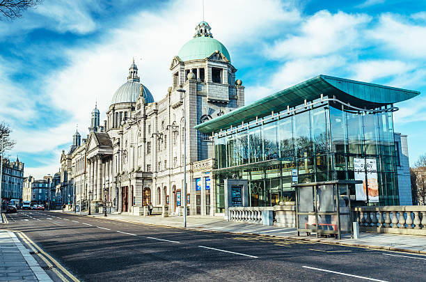 Aberdeen, Scotland Aberdeen, United Kingdom - February 10, 2016: The facade of His Majesty's Theatre, Aberdeen, Scotland looking westwards along Rosemount Viaduct. Seating over 1400, the theatre also hosts a popular glass-fronted restaurant. aberdeen scotland stock pictures, royalty-free photos & images