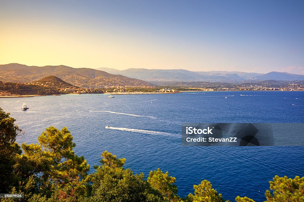 Cannes La Napoule bay view. French Riviera, Azure Coast, Provenc Cannes and La Napoule panoramic sea bay view, yachts and boats from Theoule sur Mer. French Riviera, Azure Coast or Cote d Azur, Provence, France Cannes Stock Photo